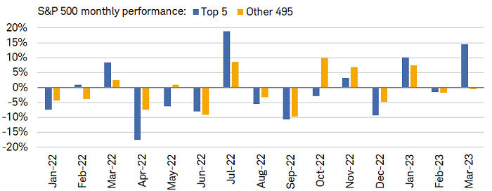 The average monthly performance of the S&P 500's five largest stocks was +14.4% in March while the rest of the index dropped 0.5%.