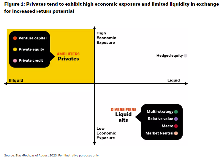  Privates tend to exhibit high economic exposure and limited liquidity in exchange for increased return potential
